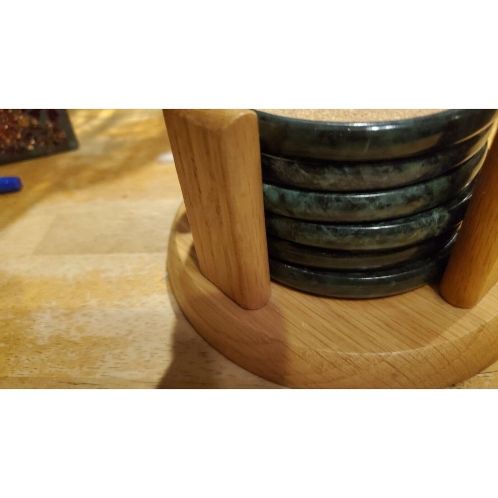 Vtg HIMARK Green Marble/Cork Coaster Set  With Wooden Holder